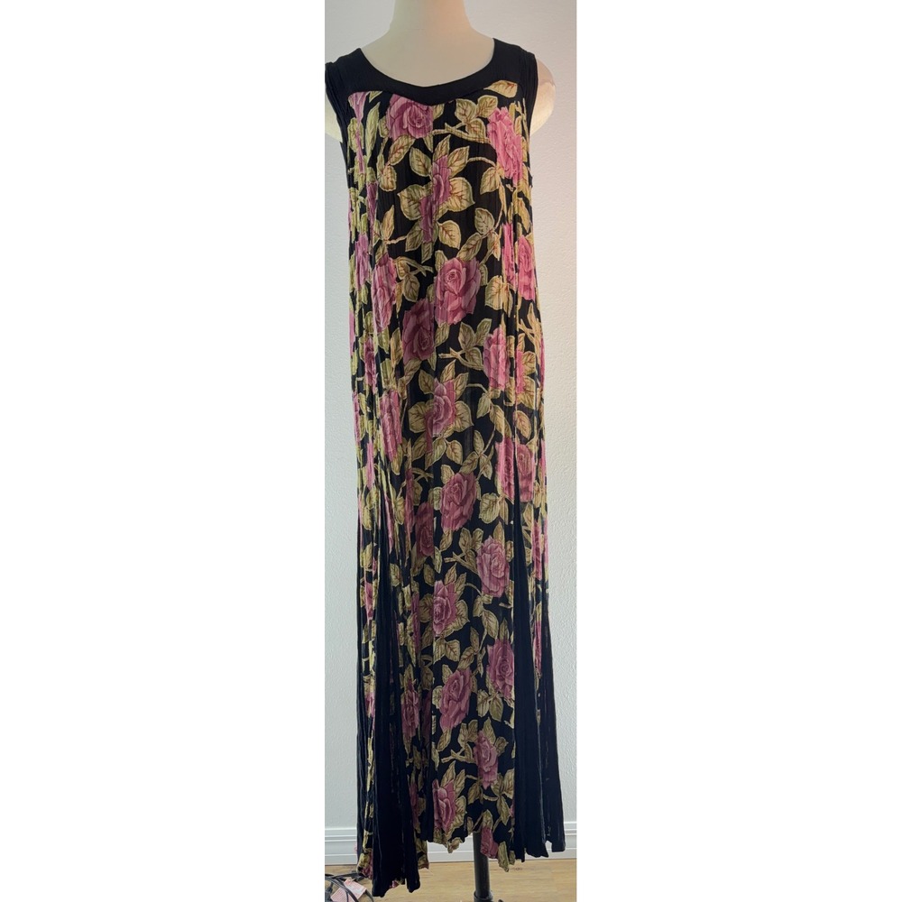 Vintage 90s Y2K Starina Floral Pleated Maxi Dress Black Pink Rose Romantic Med - Picture 2 of 10